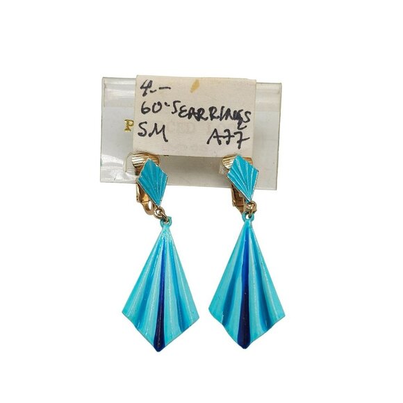 HEDY Signed Blue Enamel Triangle Dangle Drop Earrings Gold Tone VTG - Picture 1 of 5